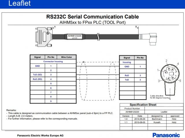 AIHM8123220
CABLE COMUNICACION DEL PLC, PUERTO DEL PROGRAMACION (MINI-DIN) A PANTALLA AIH5xx (SUB-D9), 2 m.